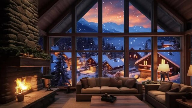 3D rendering of a cozy winter cottage with a beautiful snowflakes view of the mountains.