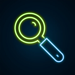 Glowing neon line Magnifying glass icon isolated on black background. Search, focus, zoom, business symbol. Colorful outline concept. Vector