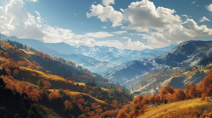 Obraz premium Breathtaking Autumn Landscape with Golden Trees, Rolling Hills, Majestic Mountains, and Fluffy Clouds