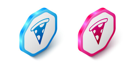 Isometric Slice of pizza icon isolated on white background. Fast food menu. Hexagon button. Vector