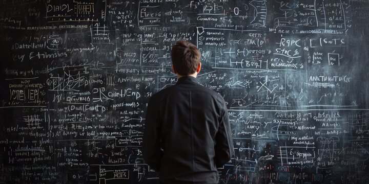 A person standing at a chalkboard covered in equations and diagrams, depicting the process of formulating and explaining theoretical frameworks