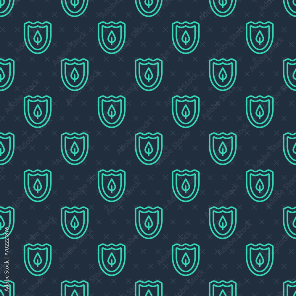 Poster green line shield with leaf icon isolated seamless pattern on blue background. eco-friendly security