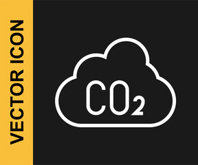 White line CO2 emissions in cloud icon isolated on black background. Carbon dioxide formula, smog pollution concept, environment concept.  Vector