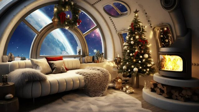 Christmas tree with gifts in the interior of the airplane. 3d render