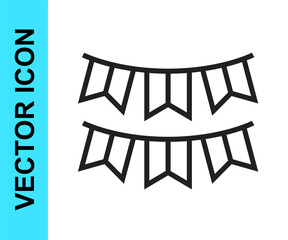 Black line Carnival garland with flags icon isolated on white background. Party pennants for birthday celebration, festival decoration.  Vector