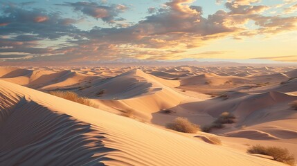 Fototapeta na wymiar Golden Hour Over Desert Landscape, Sand Dunes Bathed in Warm Light with Beautiful Cloudy Sky