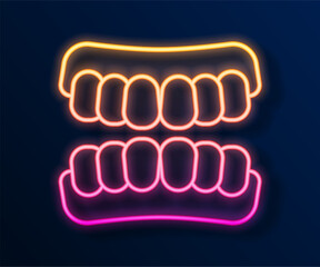 Glowing neon line Dentures model icon isolated on black background. Teeth of the upper jaw. Dental concept.  Vector - obrazy, fototapety, plakaty