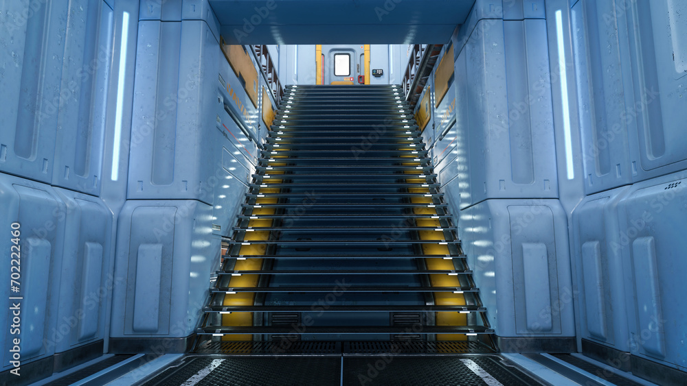 Poster Staircase in a futuristic space station building interior. 3D rendering.