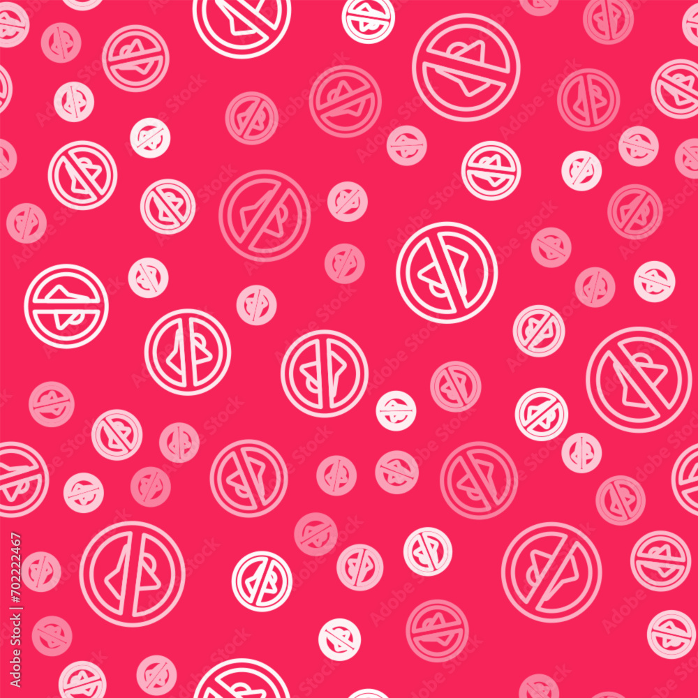 Poster white line speaker mute icon isolated seamless pattern on red background. no sound icon. volume off 
