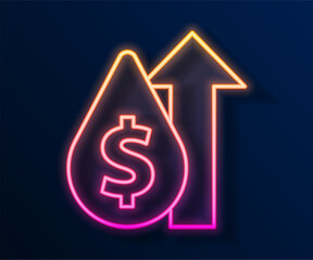 Glowing neon line Oil price increase icon isolated on black background. Oil industry crisis concept.  Vector
