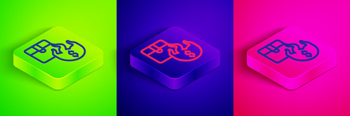 Isometric line Hot price icon isolated on green, blue and pink background. Square button. Vector