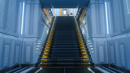 Staircase in a futuristic space station building interior. 3D rendering.