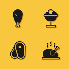 Set Chicken leg, Roasted turkey or chicken, Steak meat and Ice cream in the bowl icon with long shadow. Vector