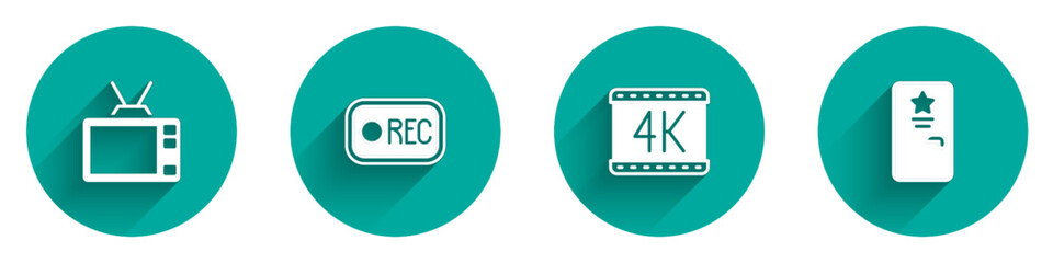 Set Retro tv, Record button, 4k movie and Backstage icon with long shadow. Vector