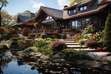 Landscape design with flower beds in home garden, beautiful landscaping in residential house backyard. Scenic view of nice landscaped garden, scenery of luxury back yard in summer. Nature theme.