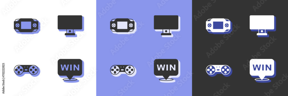 Aufkleber set medal, portable video game console, game controller joystick and computer monitor icon. vector