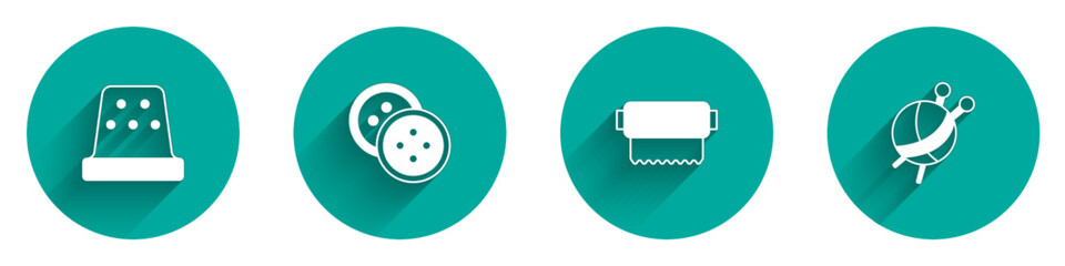 Set Thimble for sewing, Sewing button clothes, Textile fabric roll and Yarn ball with knitting needles icon with long shadow. Vector