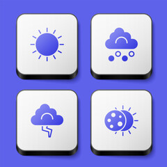Set Sun, Hail cloud, Cloud and lightning and Eclipse of the sun icon. White square button. Vector