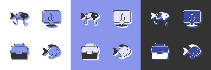 Set Fish, Fishing lure, Case or box for fishing and hook icon. Vector