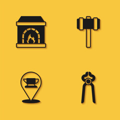 Set Blacksmith oven, pliers tool, anvil and Sledgehammer icon with long shadow. Vector