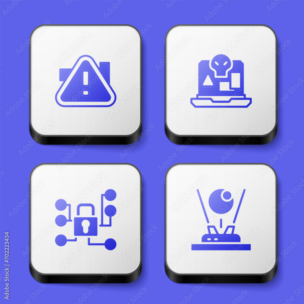 Poster set exclamation mark in triangle, internet piracy, cyber security and hologram icon. white square bu