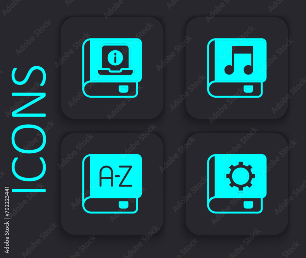 Poster set user manual, audio book and translator icon. black square button. vector