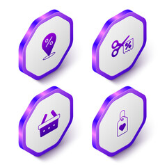 Set Isometric Location with percent, Scissors cuts discount coupon, Shopping basket and Heart tag icon. Purple hexagon button. Vector