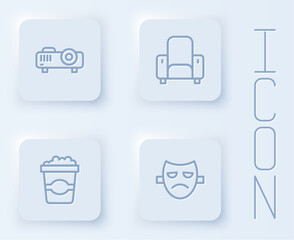 Set line Movie, film, media projector, Cinema chair, Popcorn cardboard box and Drama theatrical mask. White square button. Vector