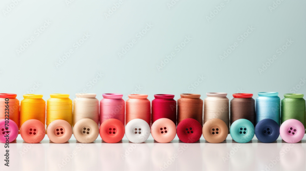 Poster a neat row of vibrant sewing thread spools and matching buttons against a soft pastel blue backgroun