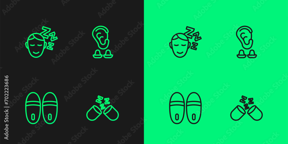 Wall mural Set line Sleeping pill, Slippers, Dreams and Earplugs and ear icon. Vector