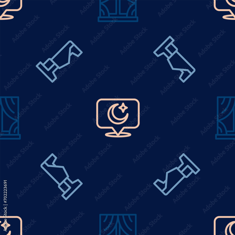 Poster set line window with curtains, bed and moon and stars on seamless pattern. vector