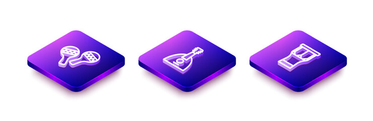 Set Isometric line Maracas, Balalaika and African percussion drum icon. Vector