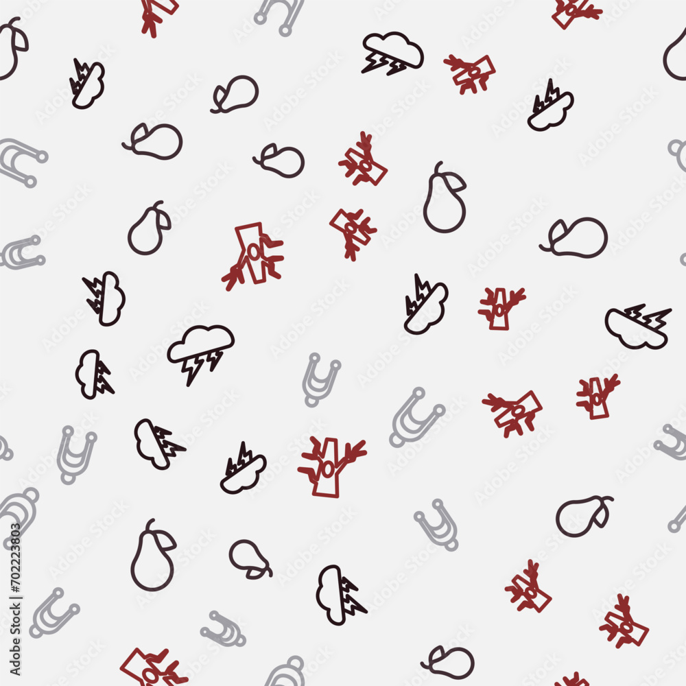 Poster set line cloud and lightning, pear, winter hat and bare tree on seamless pattern. vector