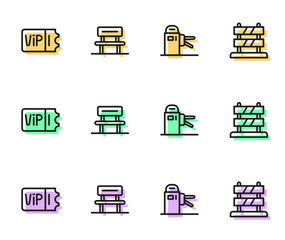 Set line Turnstile, Train ticket, Waiting hall and End of railway tracks icon. Vector