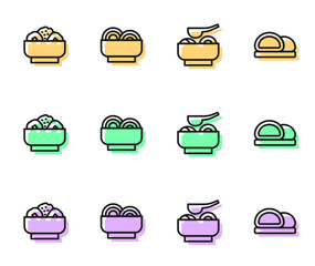 Set line Ramen soup bowl, Chow mein on plate, Asian noodles and Sushi icon. Vector