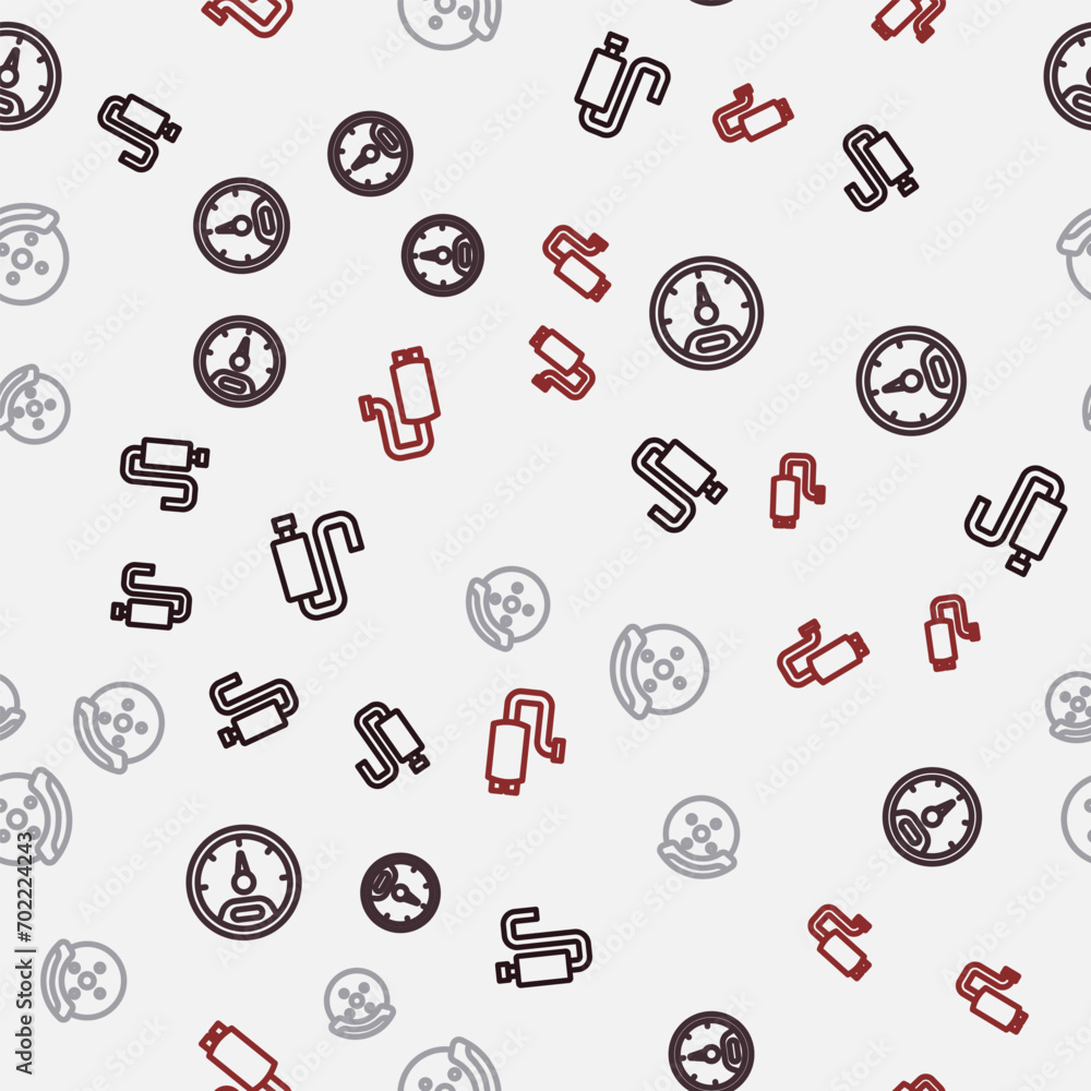 Poster set line car muffler, speedometer, brake disk with caliper and on seamless pattern. vector