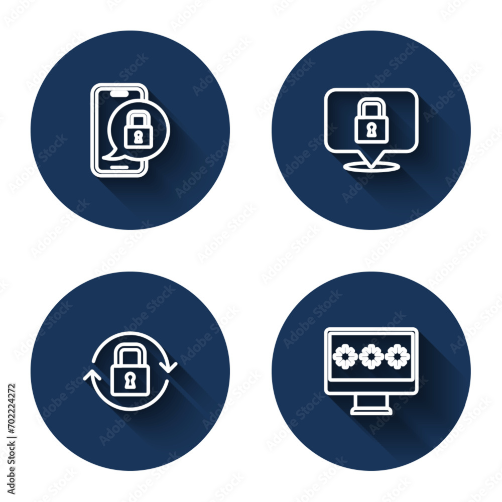 Poster set line mobile with closed padlock, lock, and monitor password with long shadow. blue circle button
