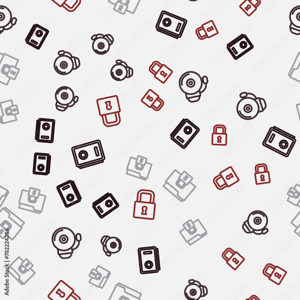 Poster set line safe, ringing alarm bell, folder and lock and lock on seamless pattern. vector