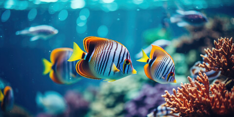 Fototapeta na wymiar Regal angelfish displaying their striking stripes and vivid colors in a richly planted marine coral aquarium.