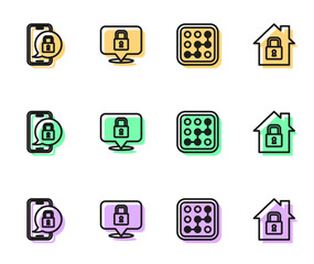 Set line Graphic password protection, Mobile with closed padlock, Lock and House under icon. Vector