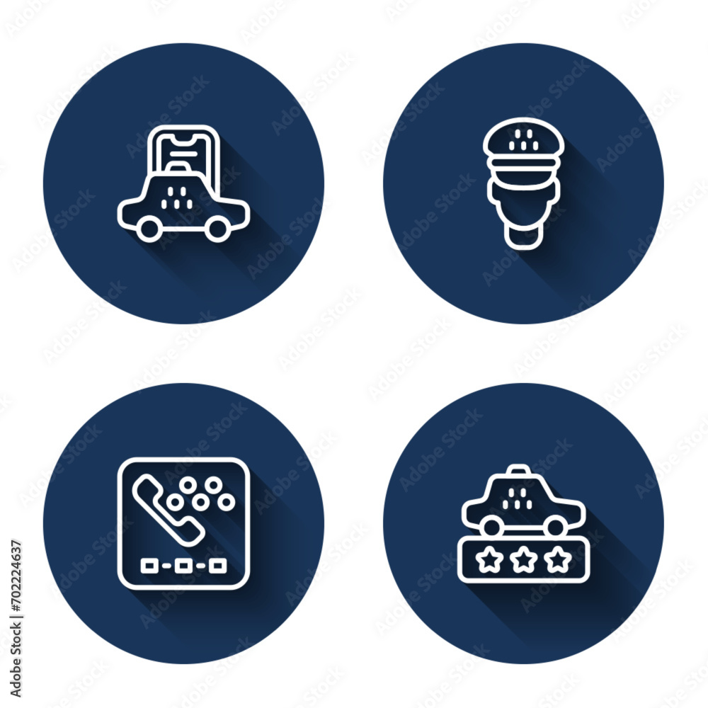 Poster set line taxi mobile app, driver, call telephone service and rating with long shadow. blue circle bu