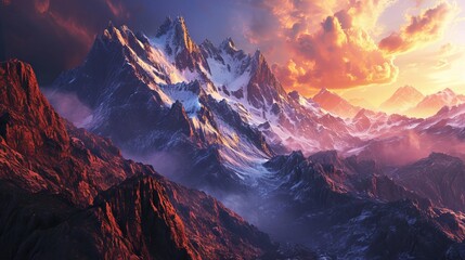 Majestic Sunset Over Snow-Capped Mountain Peaks with Fiery Clouds and Rugged Terrain - obrazy, fototapety, plakaty