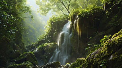 Mystical Waterfall in Lush Green Forest with Sunbeams Piercing Through the Foliage