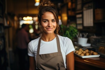 Barista wears apron standing with arms crossed and looking at camera  in coffee shop. Young woman cafe owner smiling and waiting for welcome customer.