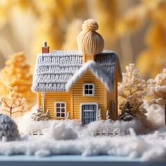 Naklejka premium Small Cozy Knitted House in Cold, Winter Heating