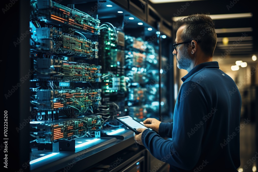 Aufkleber focused network engineer configuring hardware in a server room, surrounded by racks of data equipmen