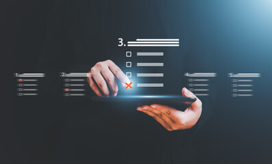 businessman Take an assessment, questionnaire, evaluation, online survey online exam Choosing the right answer in the exam, filling out an online survey form. Answer the test questions.