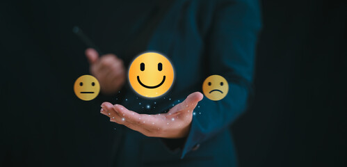 Customer Experience Concept, Best Excellent Services Rating for Satisfaction present by Hand of Client Showing excellent rating Five Star. Review, feedback, good, the best of product and service