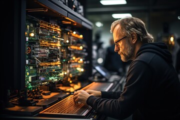 Fototapeta na wymiar Focused network engineer configuring hardware in a server room, surrounded by racks of data equipment.