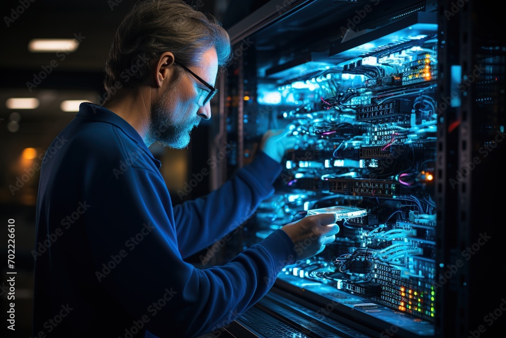 Aufkleber focused network engineer configuring hardware in a server room, surrounded by racks of data equipmen